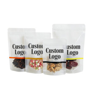 Custom Logo Clear Window Candy Confections Trail Mix Packaging Bag Ziplock White Plastic Stand up Pouch with Color Stripes