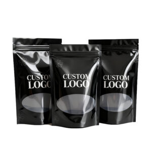 Custom Logo Dried Fruit Candies Nuts Packaging Resealable Black Ziplock Bags Food Grade Plastic Stand up Pouch with Window