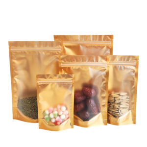 In Stock Bags Front Clear Golden Back Stand up Foil Packaging Pouches