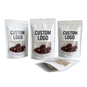 Custom Logo Plastic Resealable Ziplock Grains Seeds Pet Treats Snacks Foods Packaging White Stand up Pouch Bags with Window